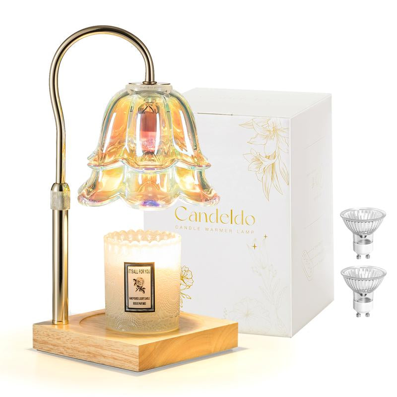 Candle Warmer Lamp with Timer: Iridescent Flower Candle Warming Lamp with 2 Bulbs Height Adjustable Wax Warmer Dimmable Home Decor Mom Birthday Gift for Women