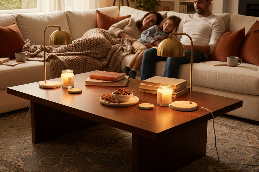 a happy family laying down on the couch with a candle warmer lamps on a nice wooden table in the foreground