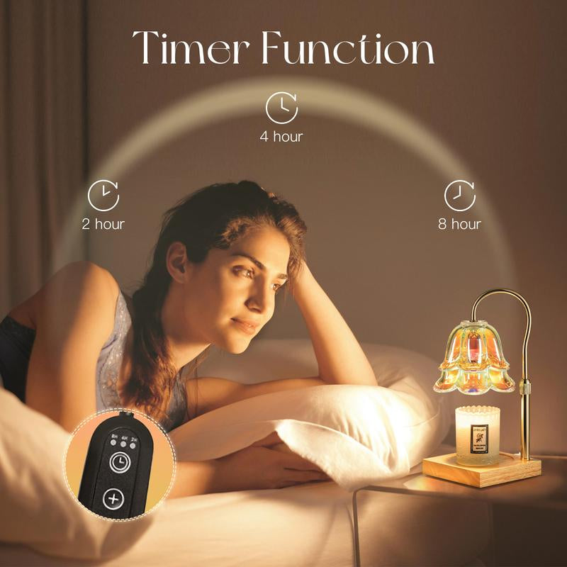 Candle Warmer Lamp with Timer: Iridescent Flower Candle Warming Lamp with 2 Bulbs Height Adjustable Wax Warmer Dimmable Home Decor Mom Birthday Gift for Women